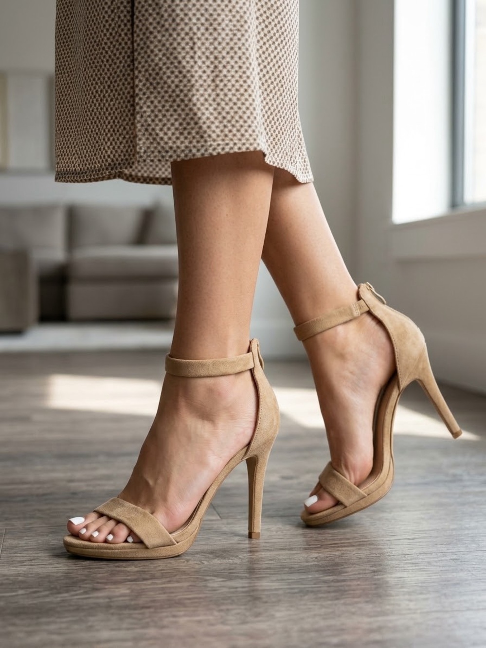 DIVA Lounge Tan Suede Ankle-Strap Stiletto Heels